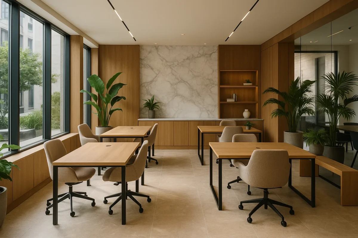 Espace de coworking luxueux avec design moderne et ambiance raffinée